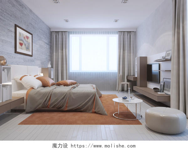 3d 渲染现代居室室内灰色和橙色的颜色